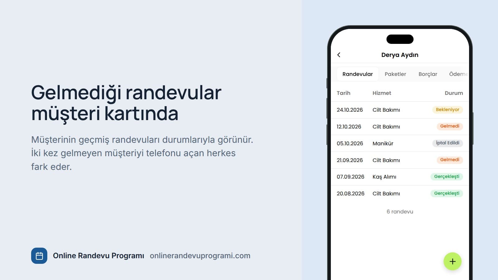 Planla mobil uygulamasında Derya Aydın adlı müşterinin randevu geçmişi; iki cilt bakımı randevusu gelmedi, biri iptal, ikisi tamamlandı, biri bekliyor