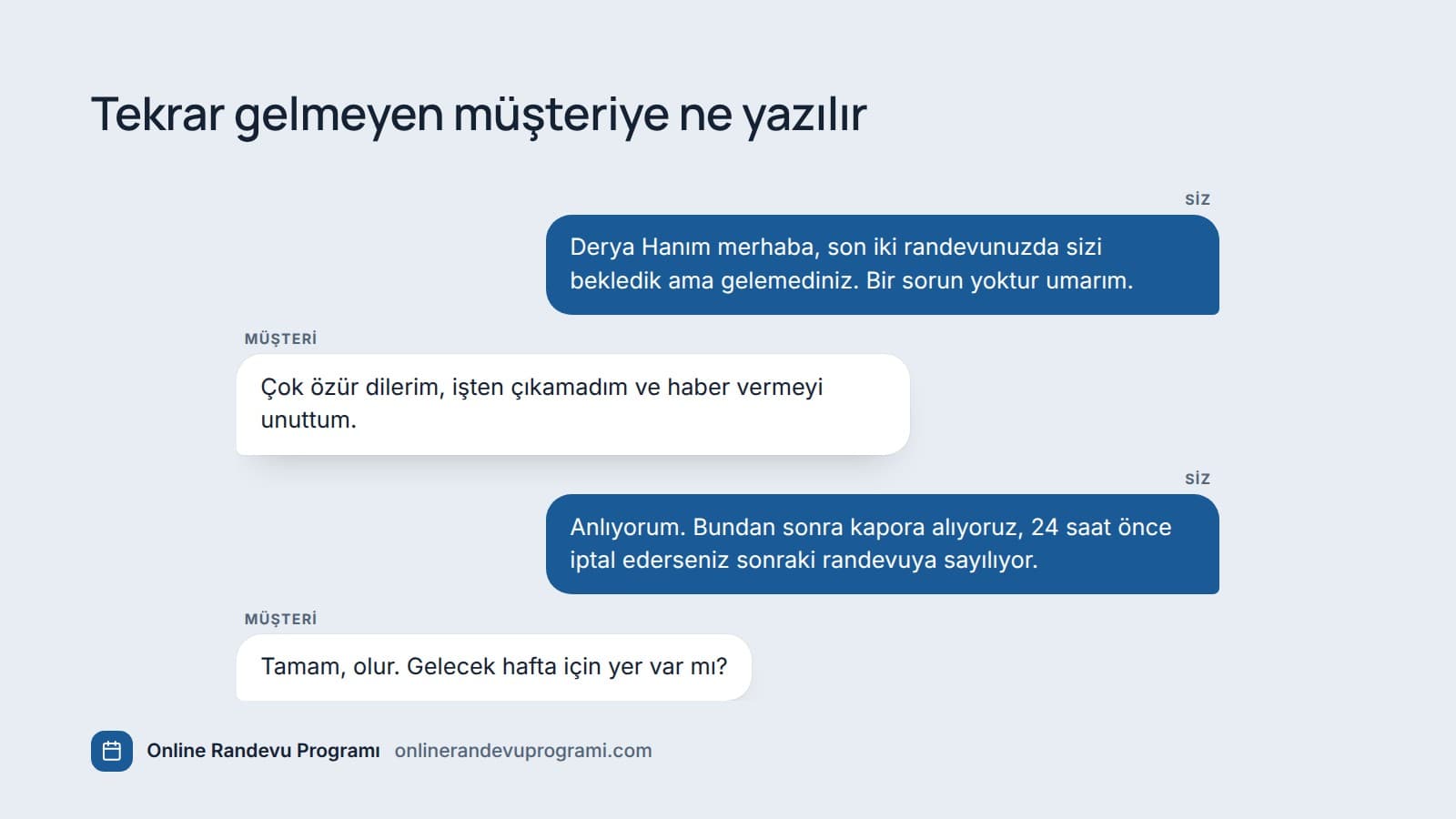 İki kez gelmeyen müşteriyle işletme arasında kapora kuralını anlatan sakin bir mesajlaşma örneği