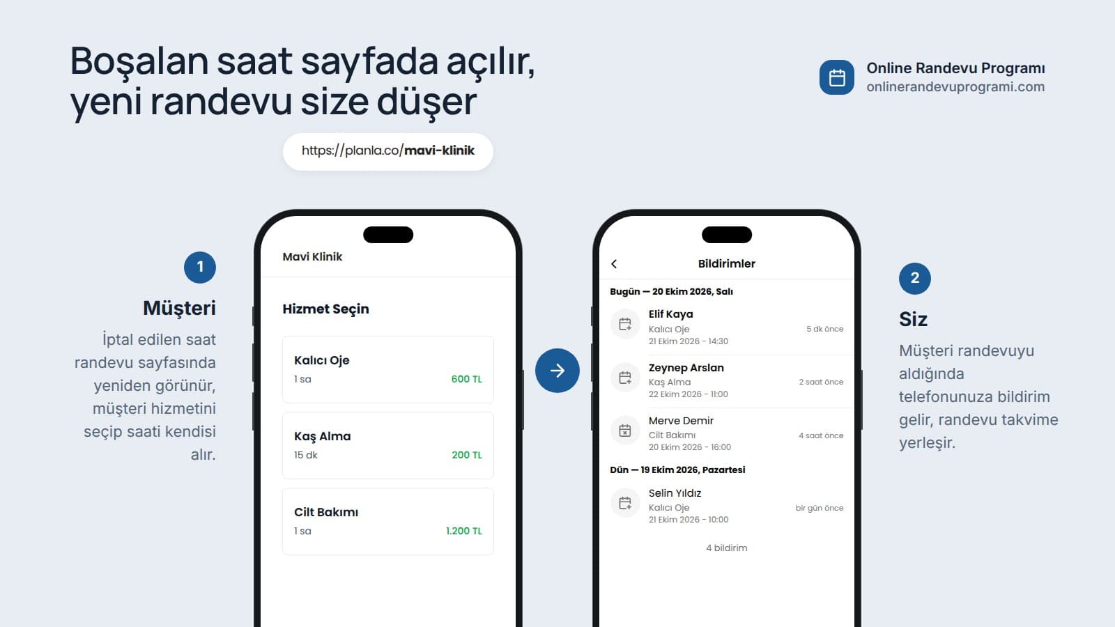 Solda müşterinin telefonunda hizmet seçtiği online randevu sayfası, sağda işletmenin telefonunda yeni randevu bildirimleri.