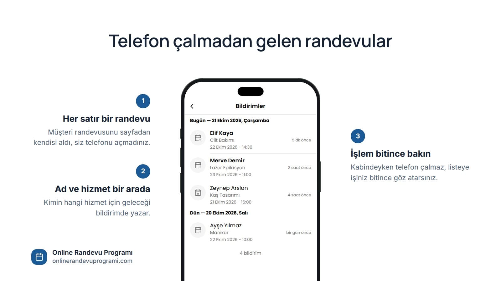 Planla Business uygulamasının bildirim ekranı: online randevu sayfasından gelen dört yeni randevu, müşteri adı ve hizmetiyle listeleniyor.