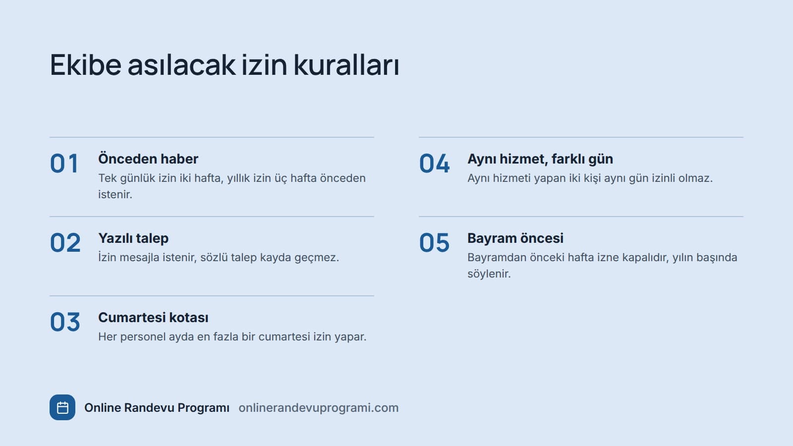 Küçük işletme için beş maddelik izin kuralları listesi.