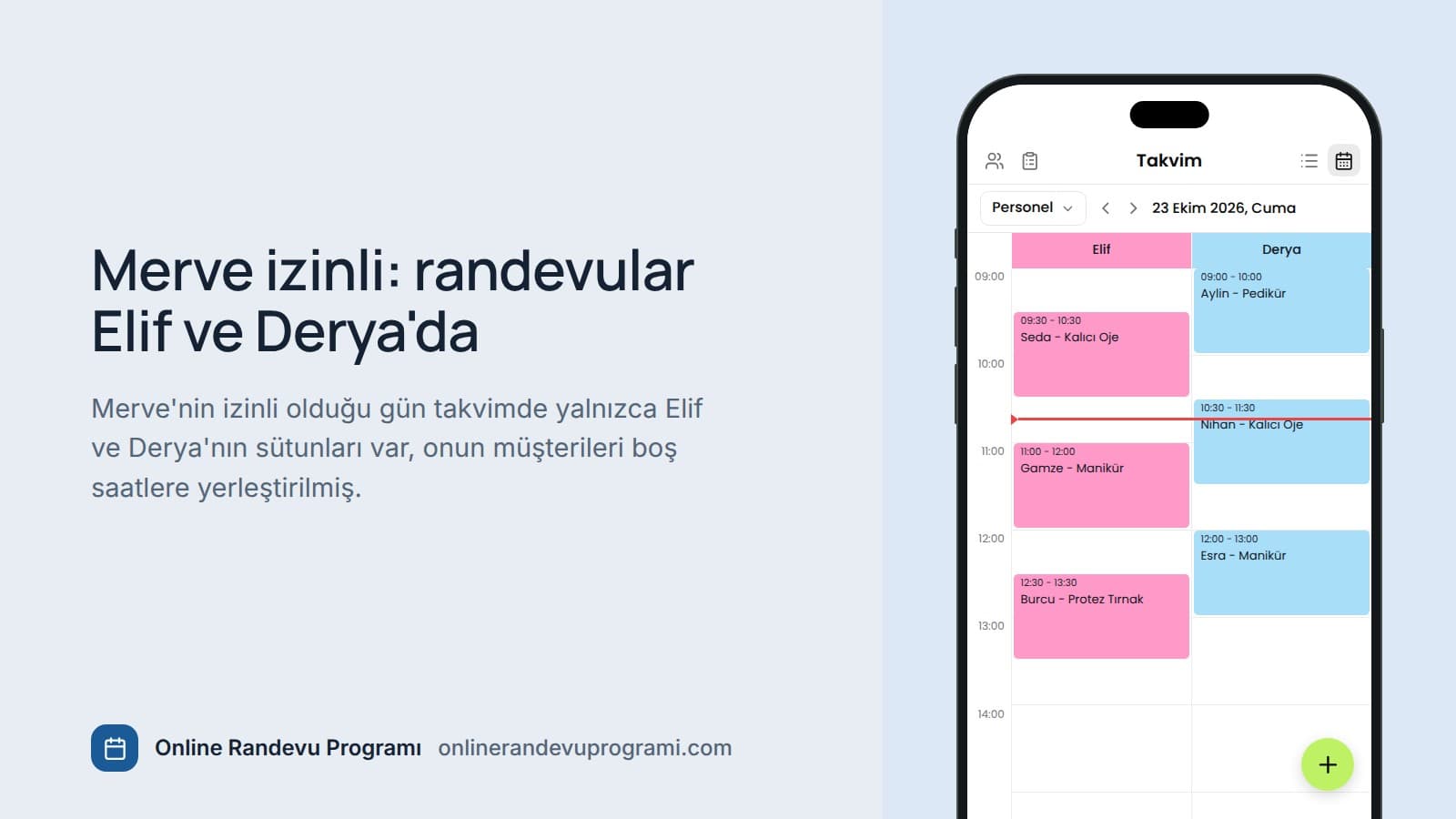 Planla Business mobil uygulamasında Elif ve Derya'nın sütunlarında sabah randevuları; Merve'nin müşterileri bu iki personele dağıtılmış.