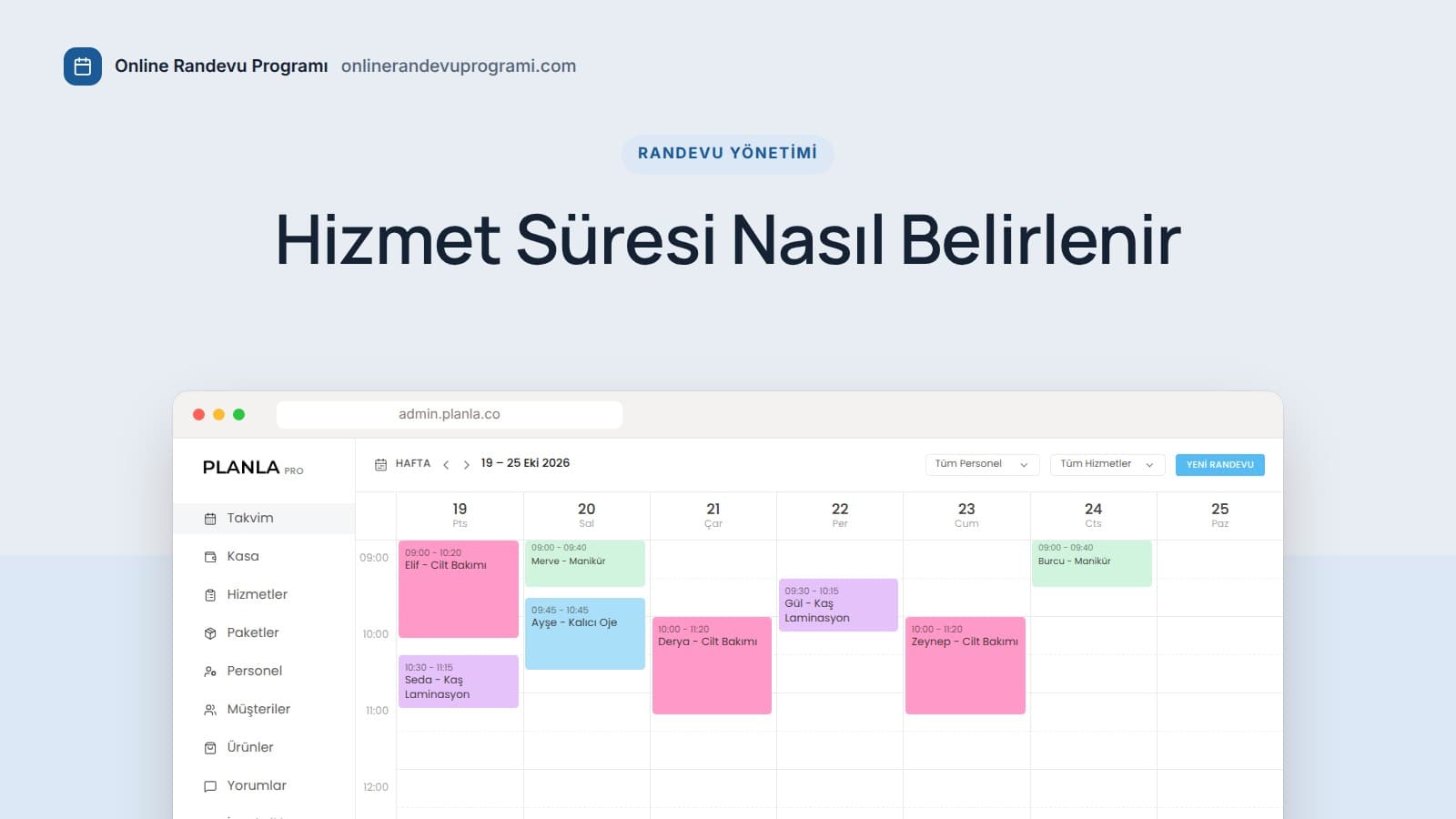 Planla web panelinde haftalık takvim; cilt bakımı, kaş laminasyon, manikür ve kalıcı oje randevuları farklı uzunluklarda görünüyor.