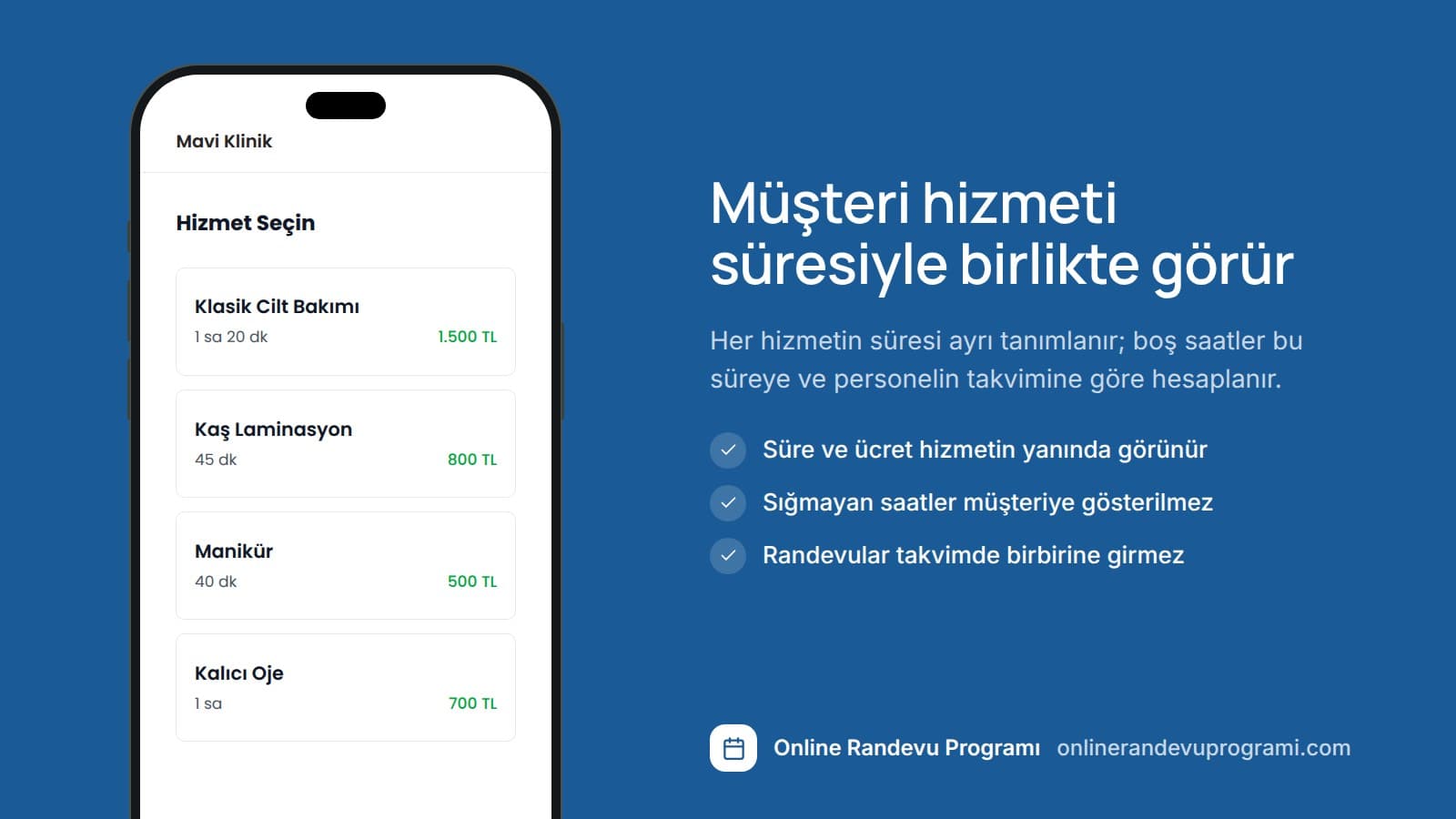 Planla randevu sayfasında hizmet seçimi: klasik cilt bakımı 80 dakika, kaş laminasyon 45 dakika, manikür 40 dakika, kalıcı oje 60 dakika.
