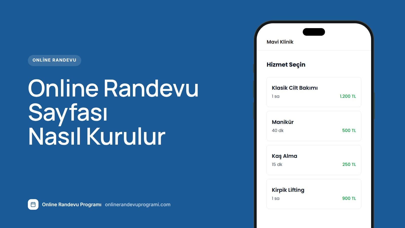 Bir güzellik salonunun online randevu sayfası telefonda açık, hizmetler süre ve ücretleriyle listeleniyor.