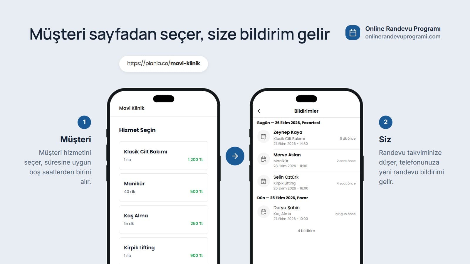 Solda salonun randevu sayfasındaki hizmet listesi, sağda işletmenin uygulamasında yeni online randevu bildirimleri.