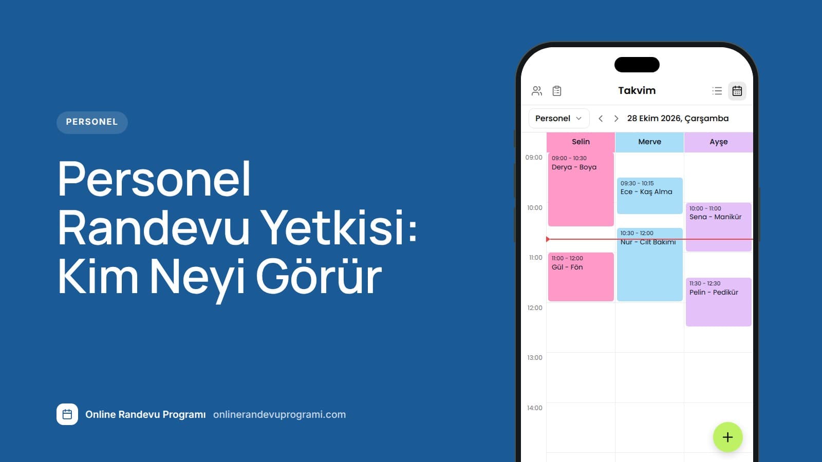 Mor zemin üzerinde başlık ve yanında üç personelin randevularını ayrı sütunlarda gösteren Planla Business takvim ekranı