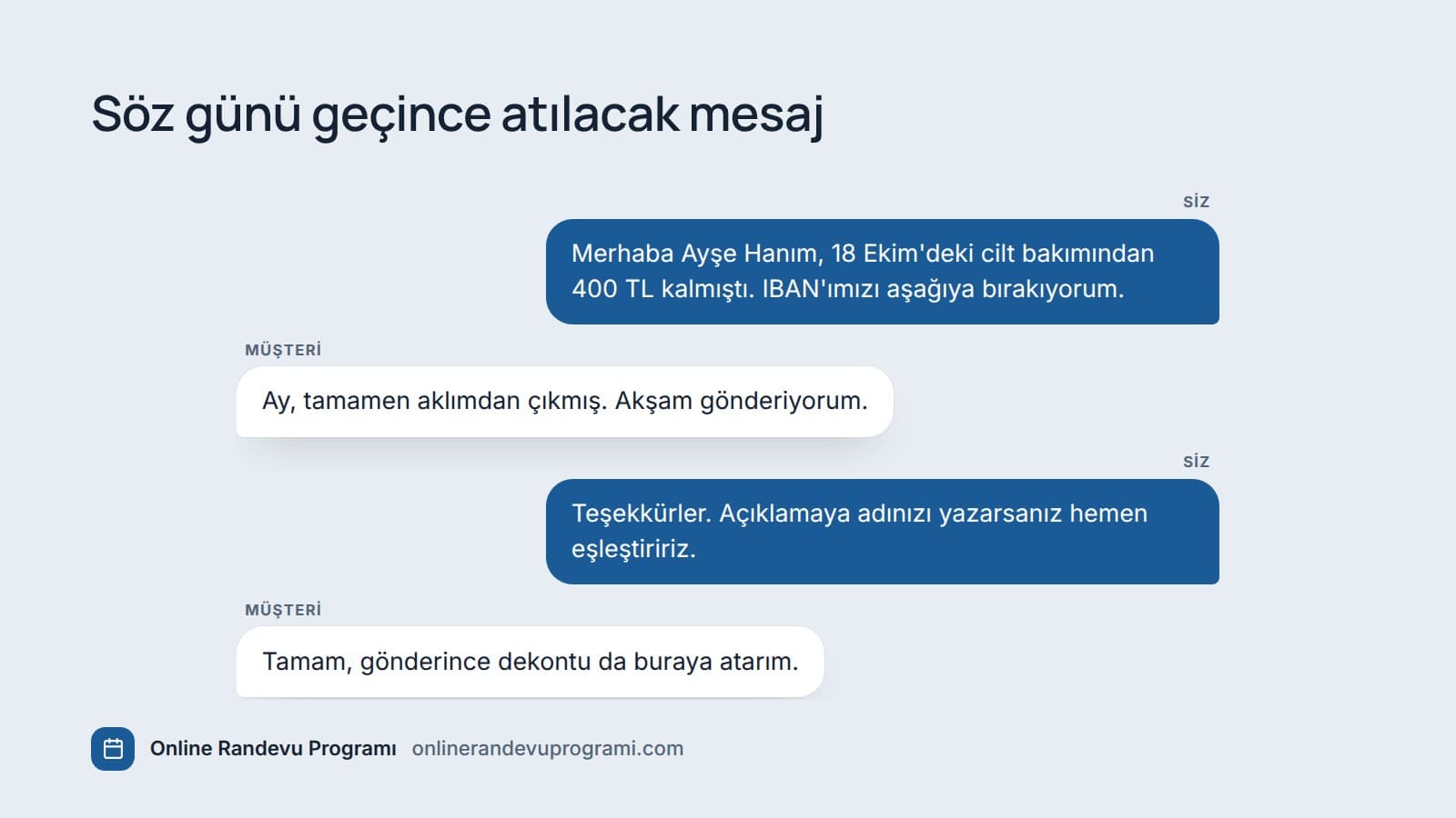 İşletmenin müşteriye kalan 400 TL'yi hatırlattığı ve müşterinin akşam havale yapacağını söylediği kısa bir WhatsApp yazışması.