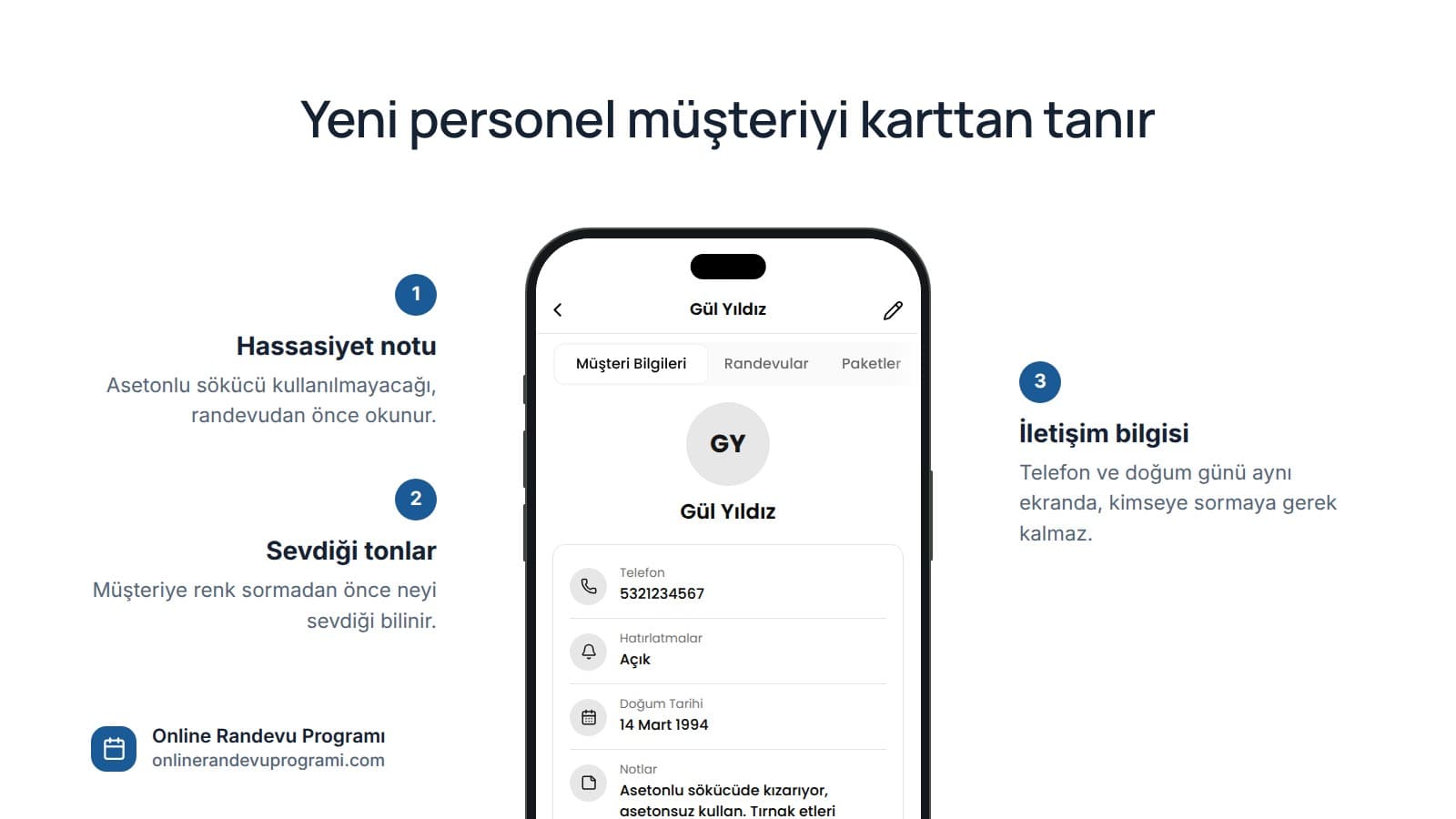 Planla Business uygulamasında Gül Yıldız'ın müşteri kartı: telefon, doğum günü ve asetonlu sökücüye karşı hassasiyet notu.